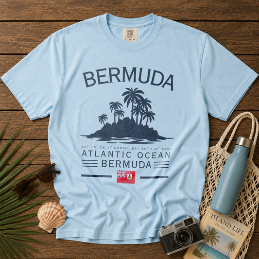 Bermuda Tropical Island Palm Tree T-Shirt in Chambray - roamstride graphic tee