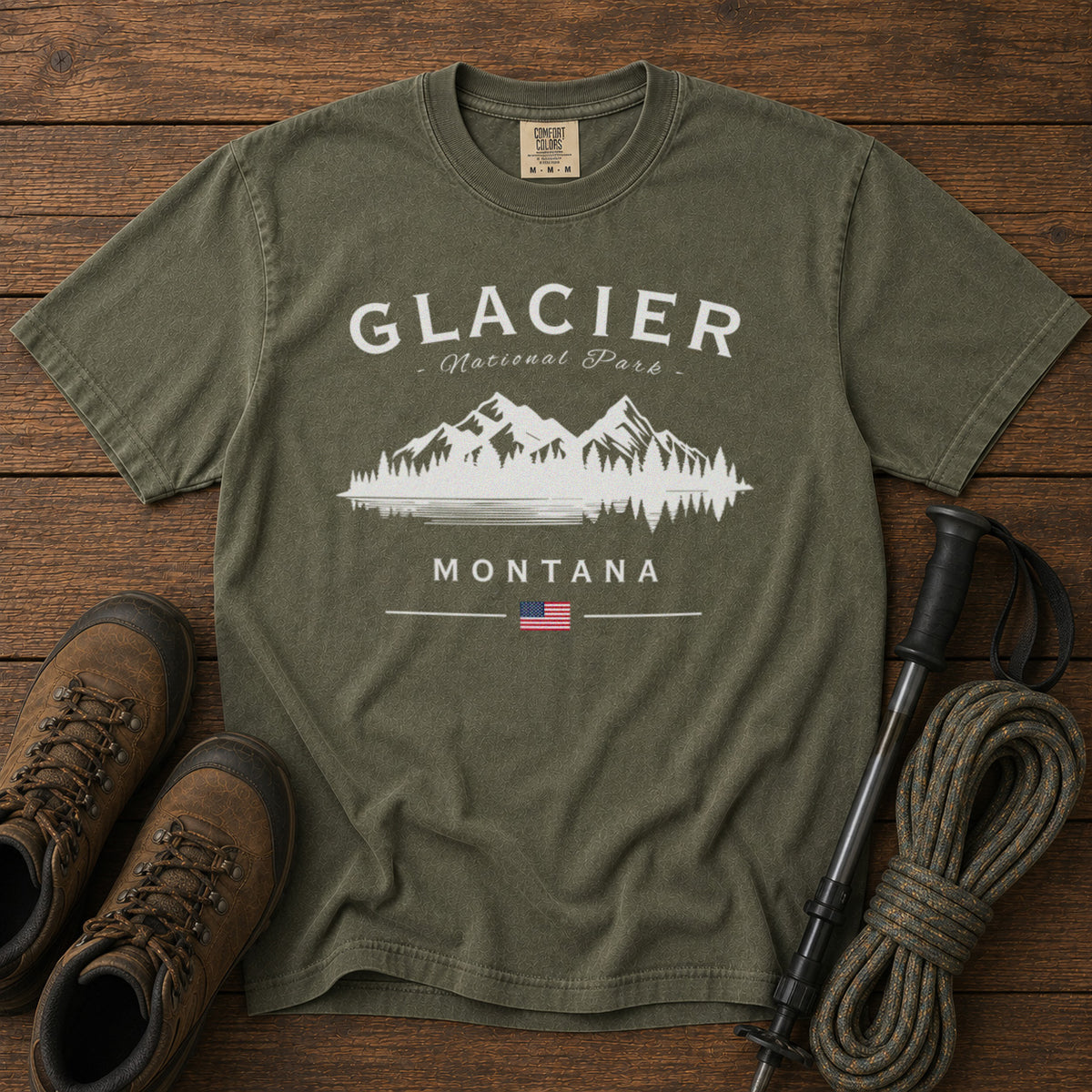 Glacier National Park Mountain Lake Montana T-Shirt in Moss - roamstride graphic tee