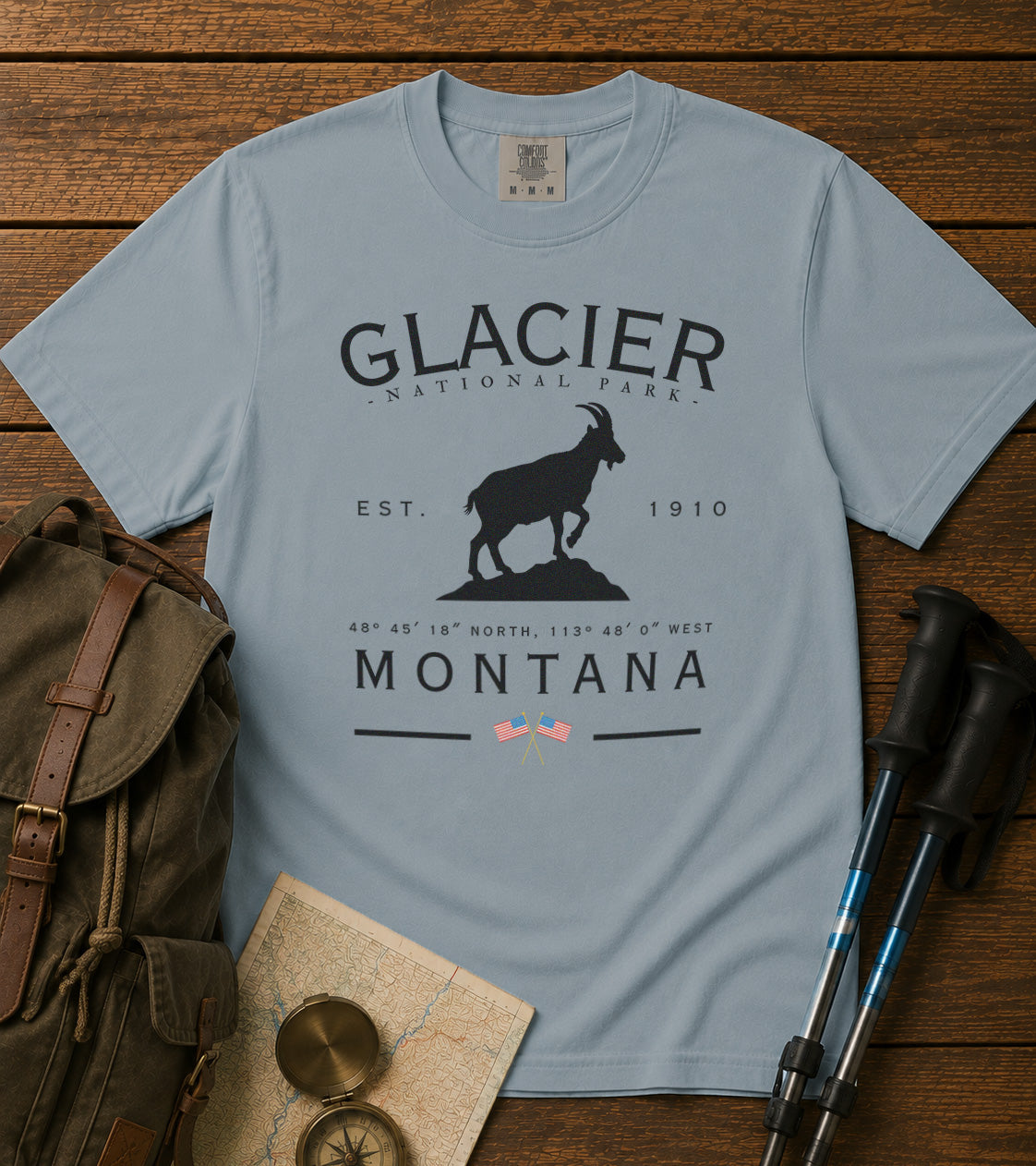 Glacier National Park Montana T-Shirt in Chambray - roamstride graphic tee
