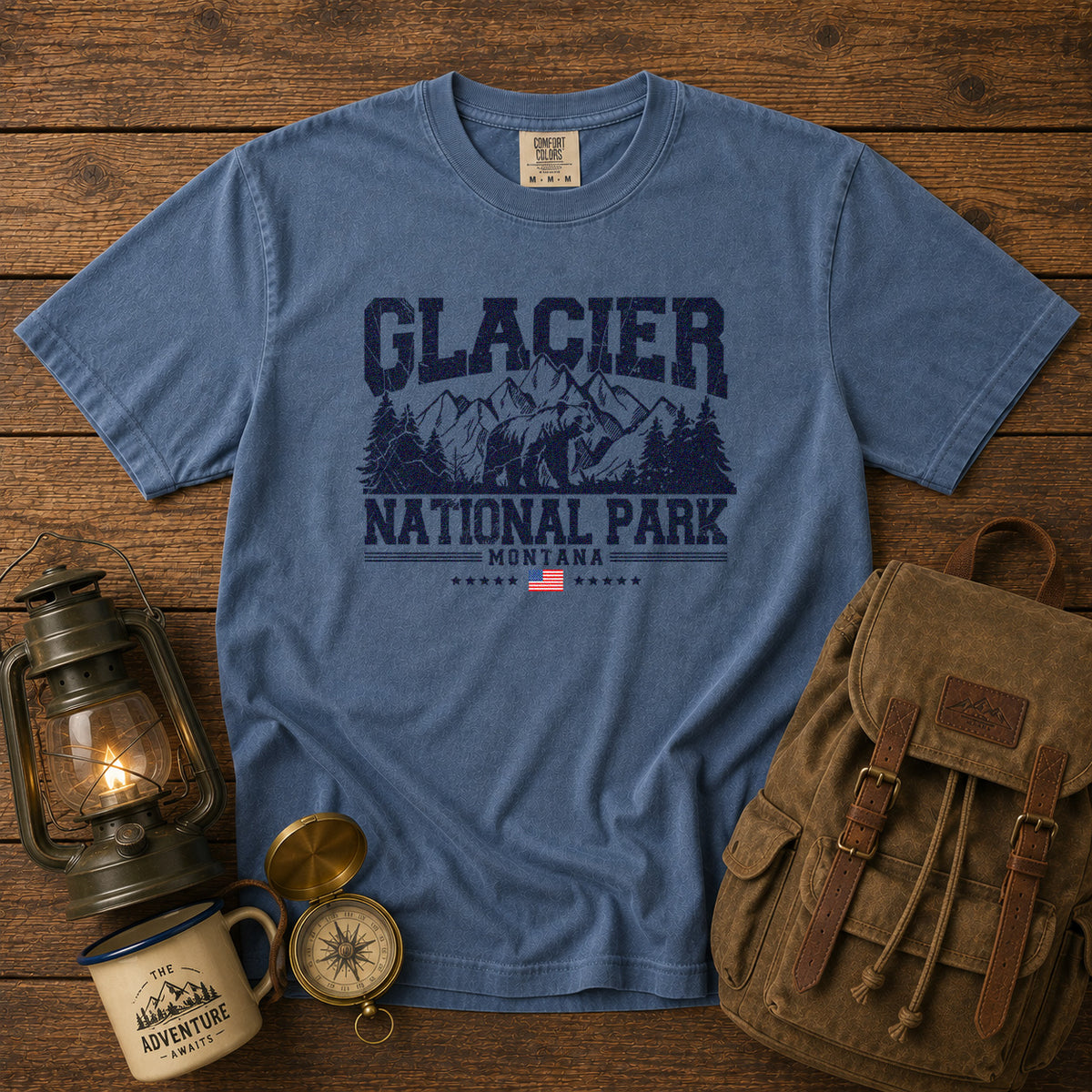 Glacier National Park Montana Mountains T-Shirt in Blue Jean - roamstride graphic tee