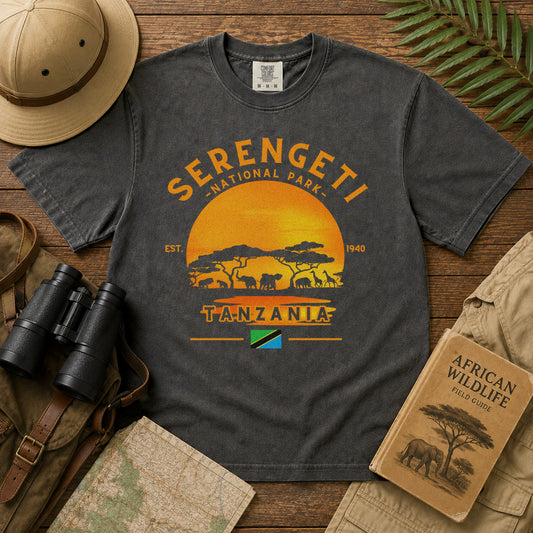 Serengeti National Park Sunset Savanna Elephants T-Shirt in Pepper - roamstride graphic tee