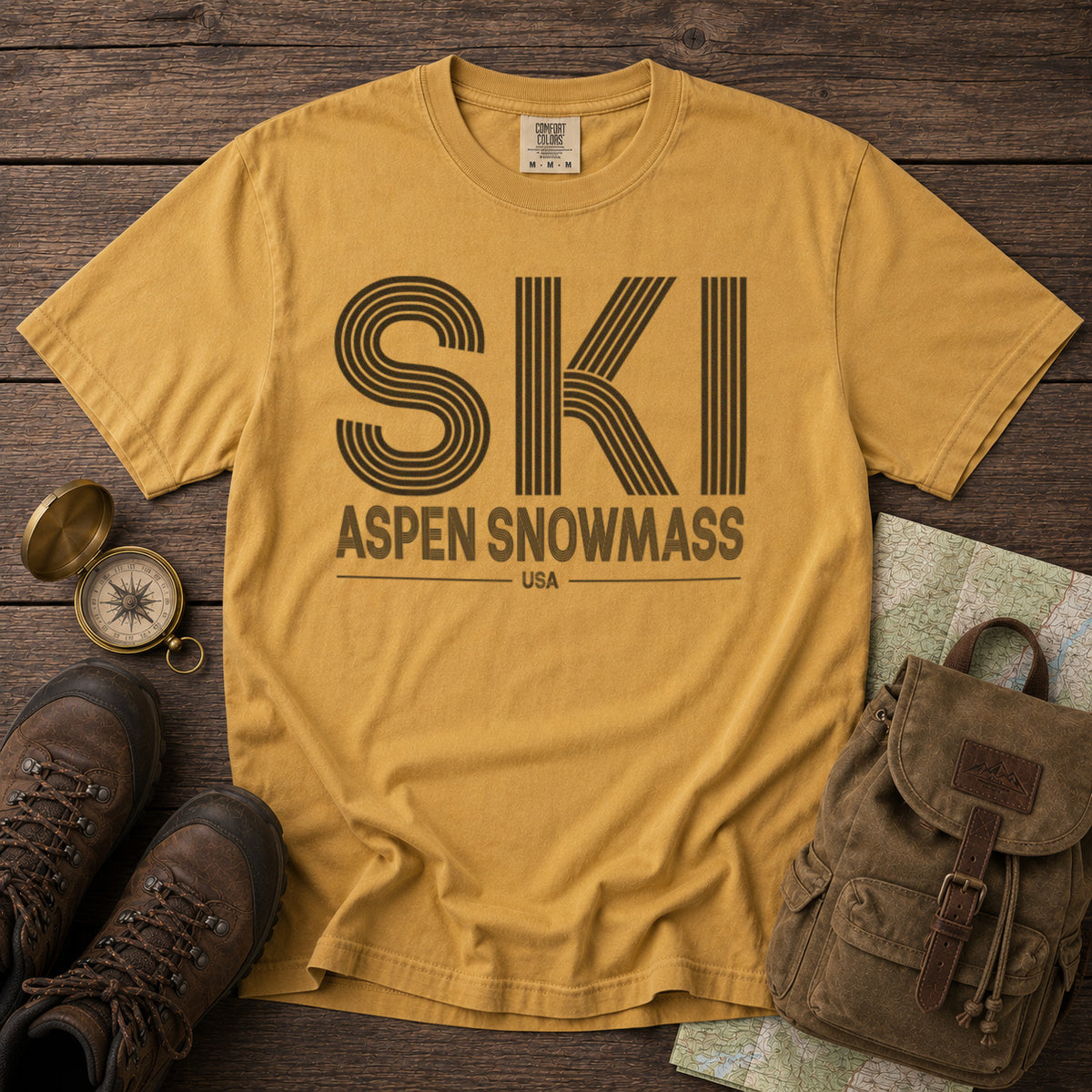 Aspen Snowmass Ski Resort T-Shirt in Mustard - roamstride graphic tee