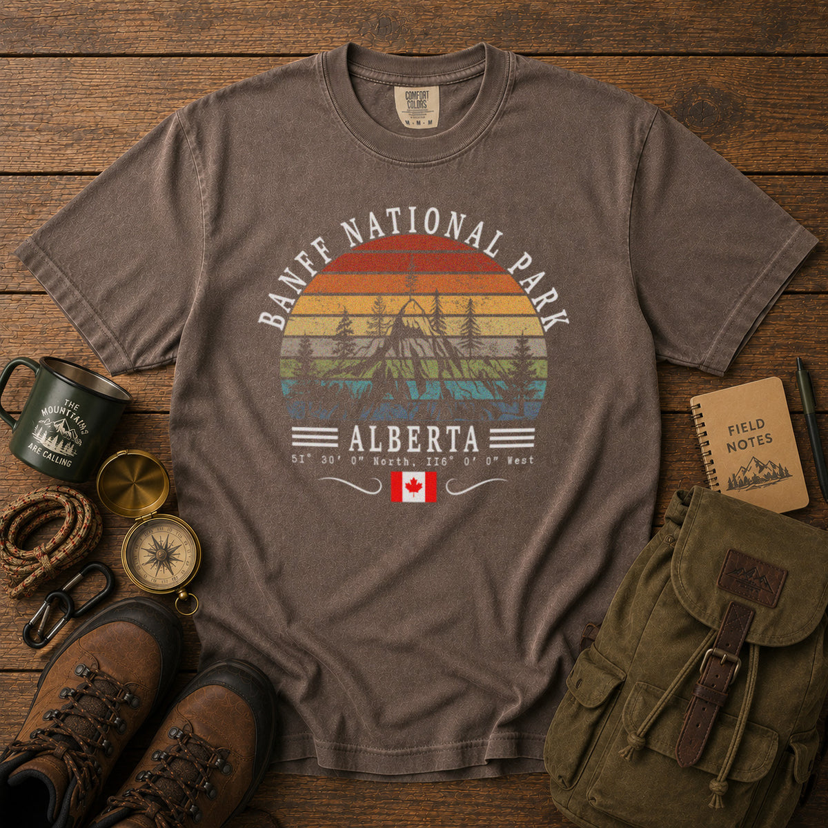 Banff National Park Canada Vintage Sunset Mountains T-Shirt in Espresso - roamstride graphic tee