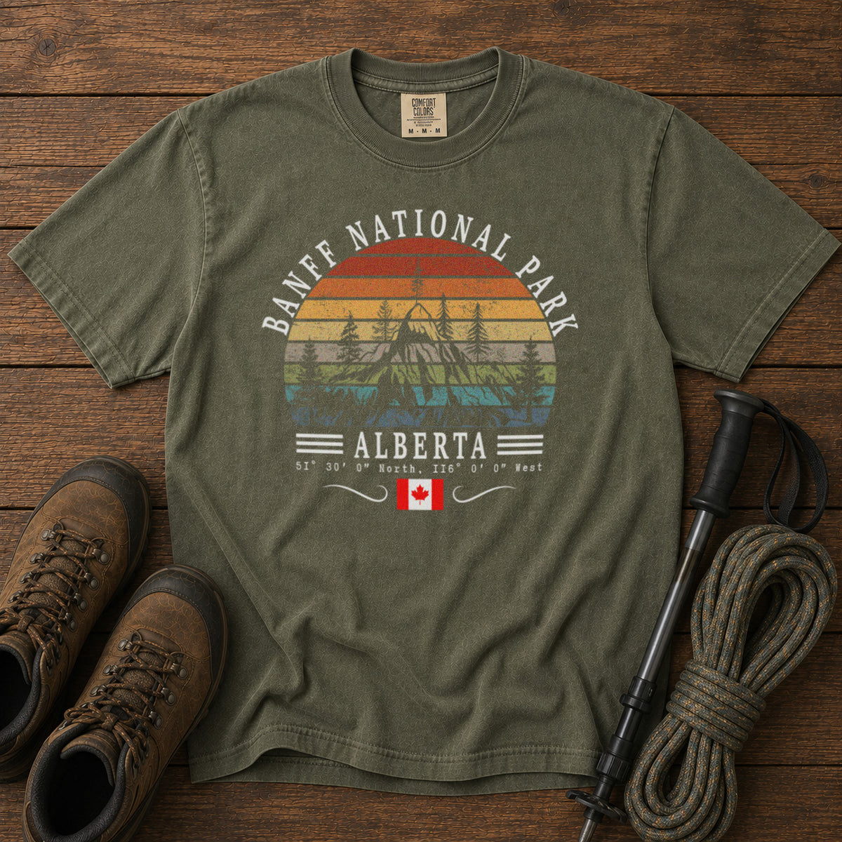 Banff National Park Canada Vintage Sunset Mountains T-Shirt in Moss - roamstride graphic tee