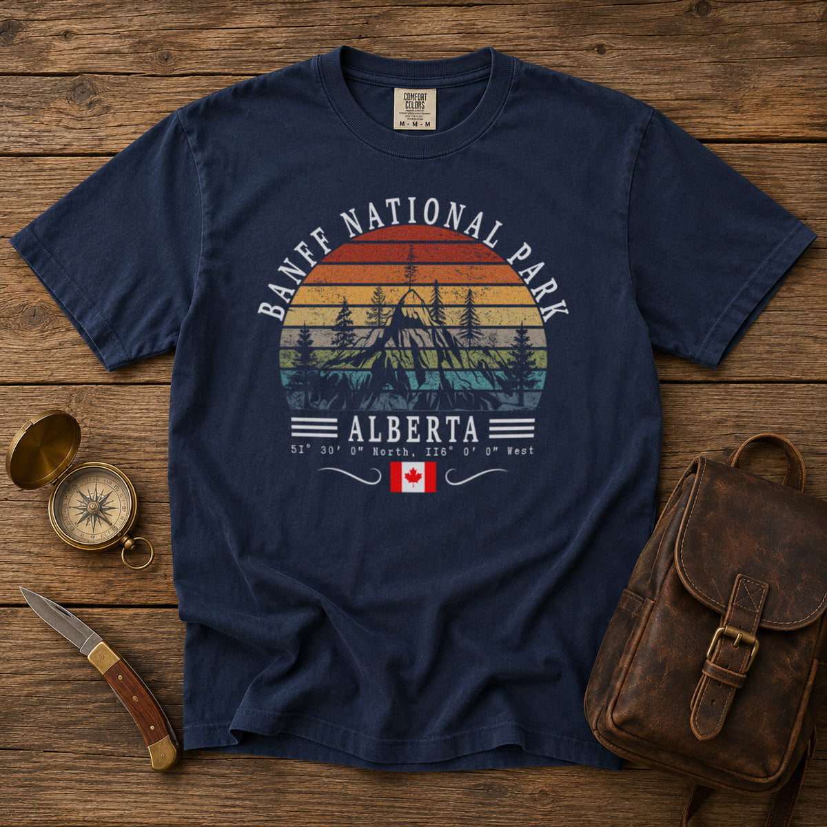 Banff National Park Canada Vintage Sunset Mountains T-Shirt in Navy - roamstride graphic tee