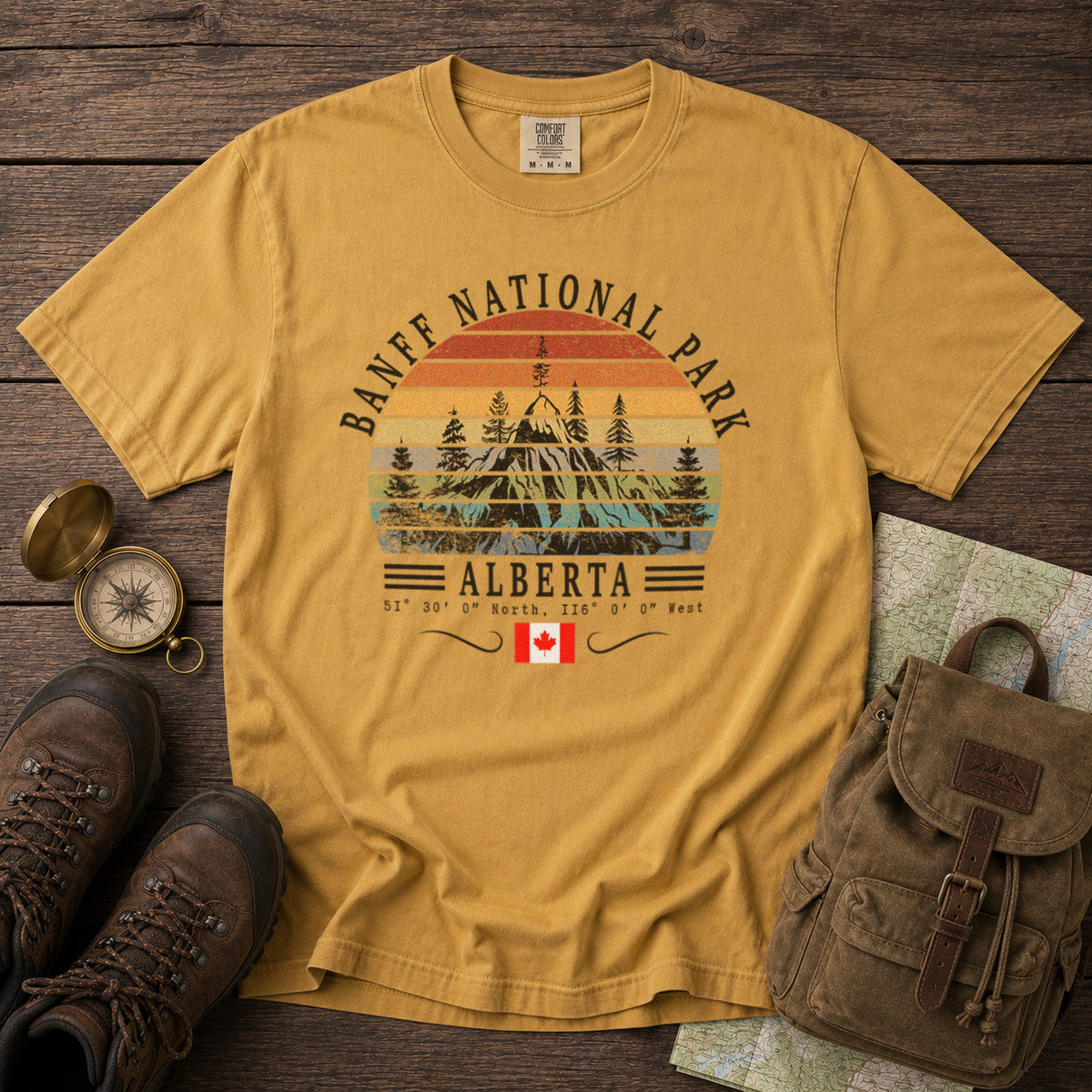 Banff National Park Canada Vintage Sunset Mountains T-Shirt in Mustard - roamstride graphic tee