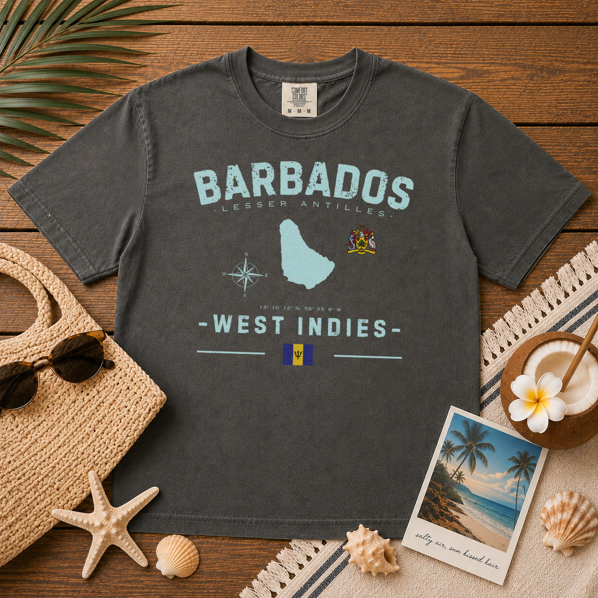 Barbados Island Map Coat of Arms T-Shirt in Pepper - roamstride graphic tee