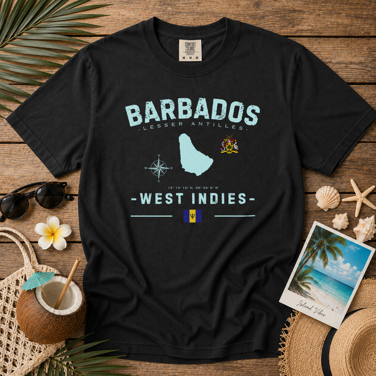 Barbados Island Map Coat of Arms T-Shirt in Black - roamstride graphic tee
