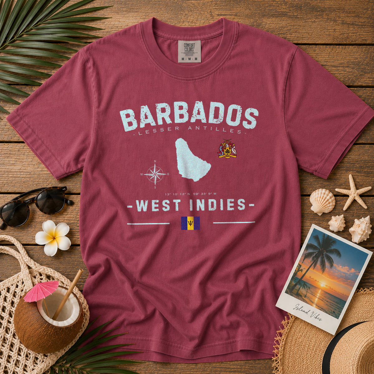 Barbados Island Map Coat of Arms T-Shirt in Chili - roamstride graphic tee