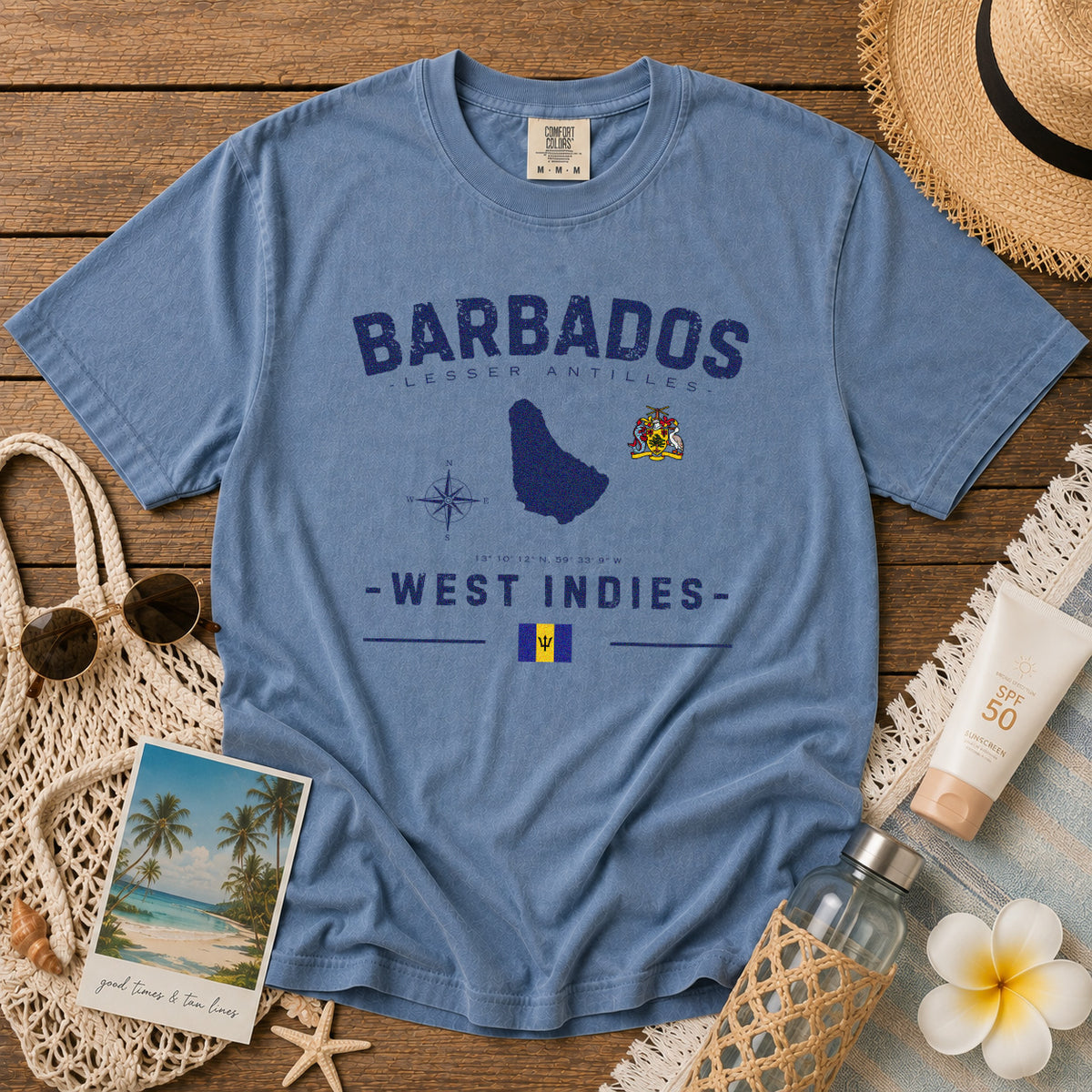 Barbados Island Map Coat of Arms T-Shirt in Blue Jean - roamstride graphic tee