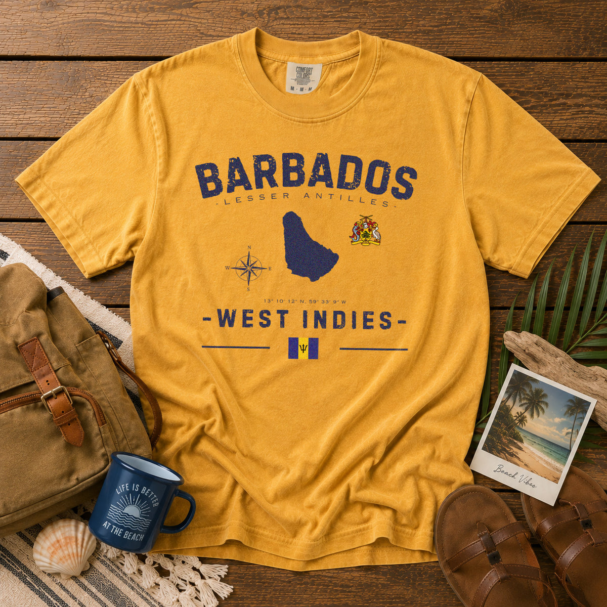 Barbados Island Map Coat of Arms T-Shirt in Mustard - roamstride graphic tee