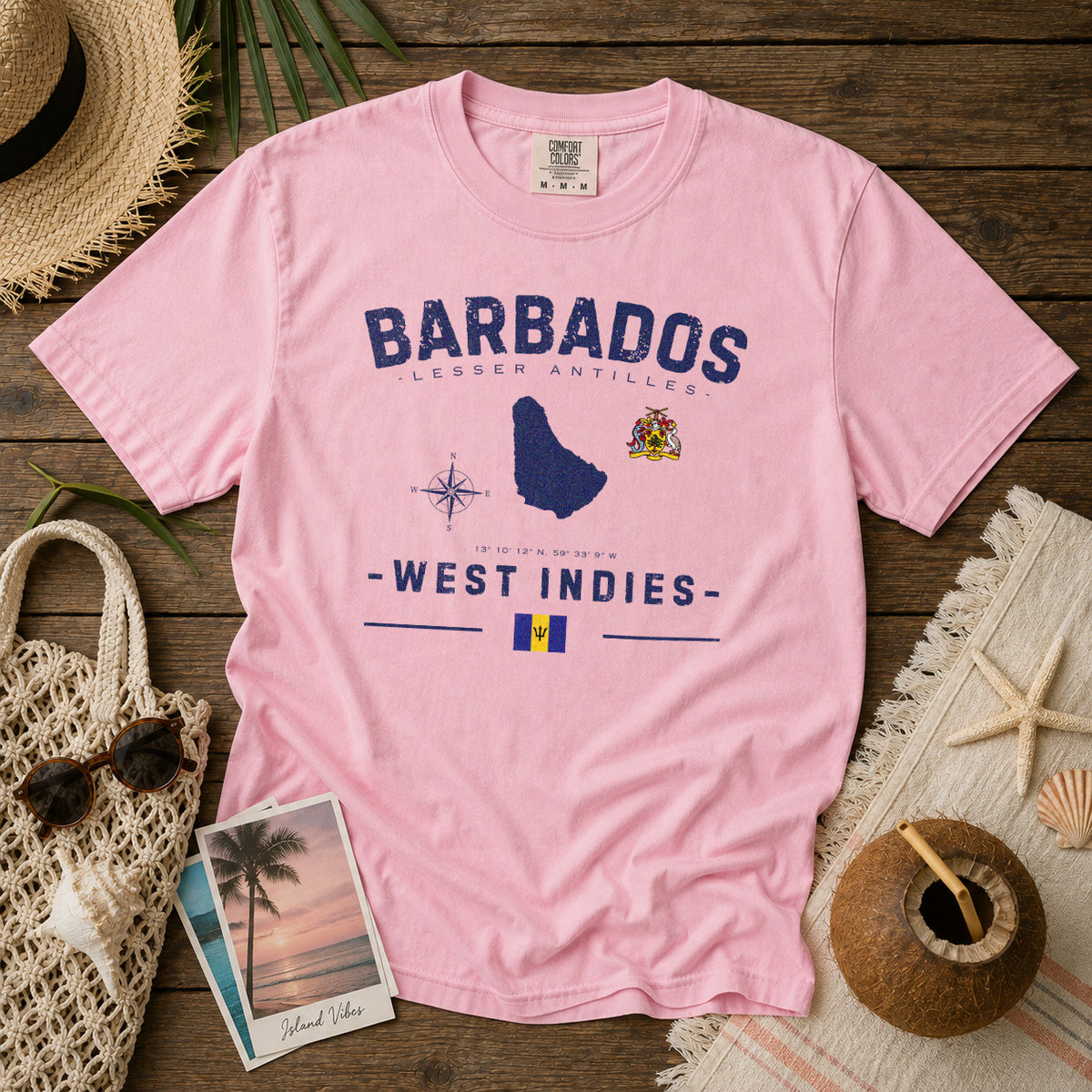 Barbados Island Map Coat of Arms T-Shirt in Blossom - roamstride graphic tee