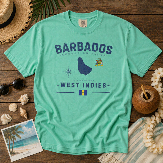 Barbados Island Map Coat of Arms T-Shirt in Island Reef - roamstride graphic tee