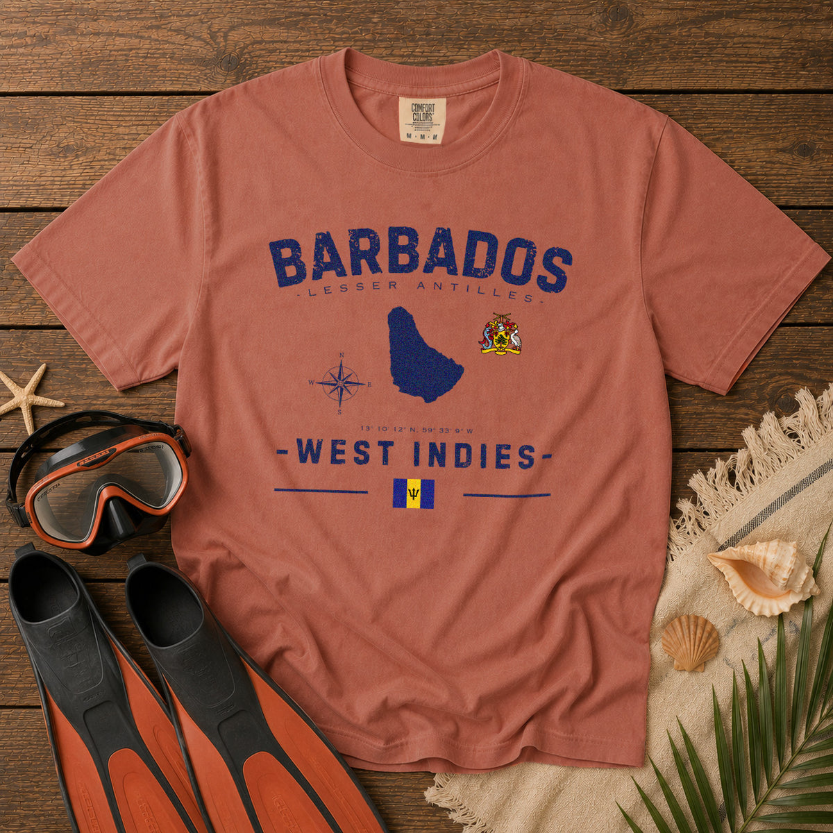 Barbados Island Map Coat of Arms T-Shirt in Yam - roamstride graphic tee