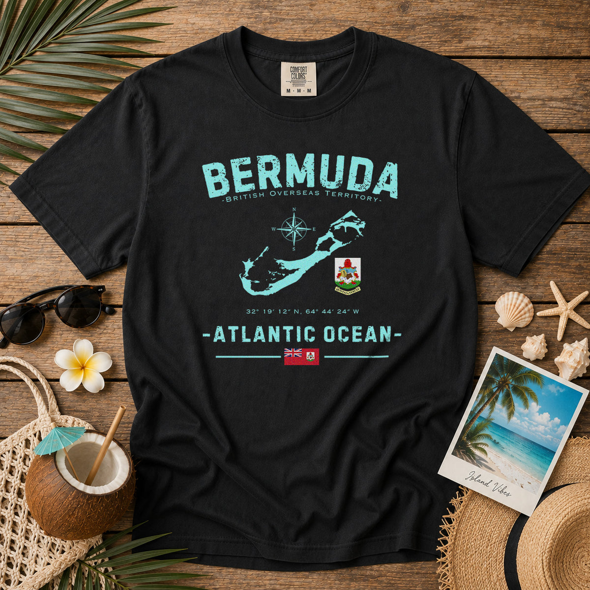 Bermuda Island Map Coat of Arms T-Shirt in Black - roamstride graphic tee