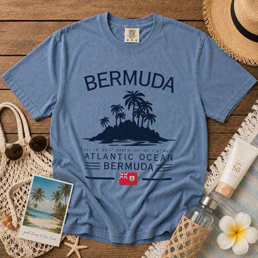 Bermuda Tropical Island Palm Tree T-Shirt in Blue Jean - roamstride graphic tee