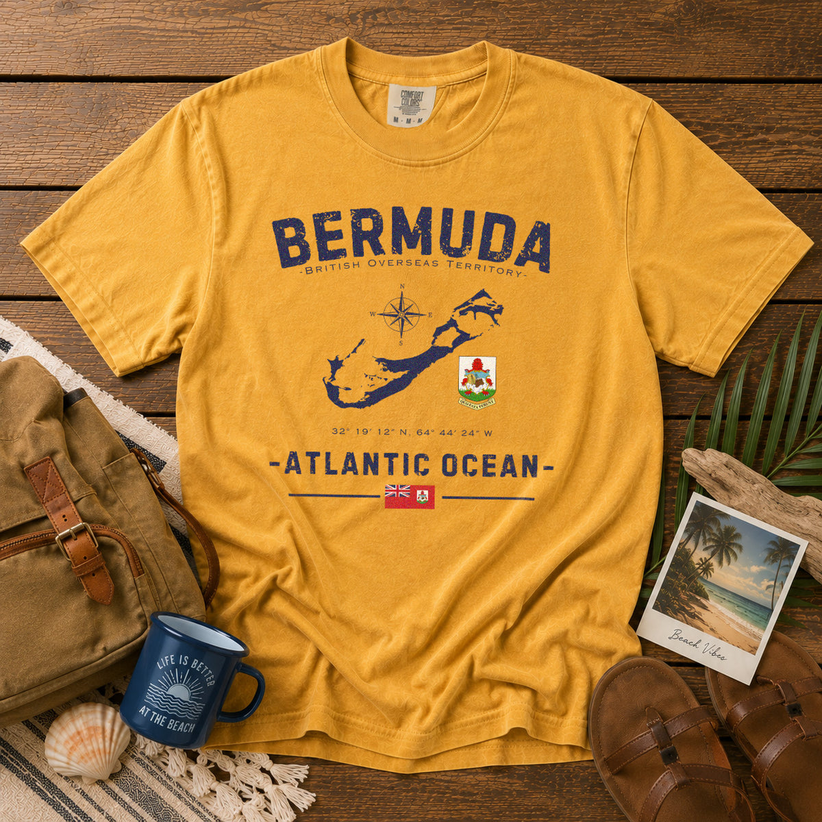 Bermuda Island Map Coat of Arms T-Shirt in Mustard - roamstride graphic tee