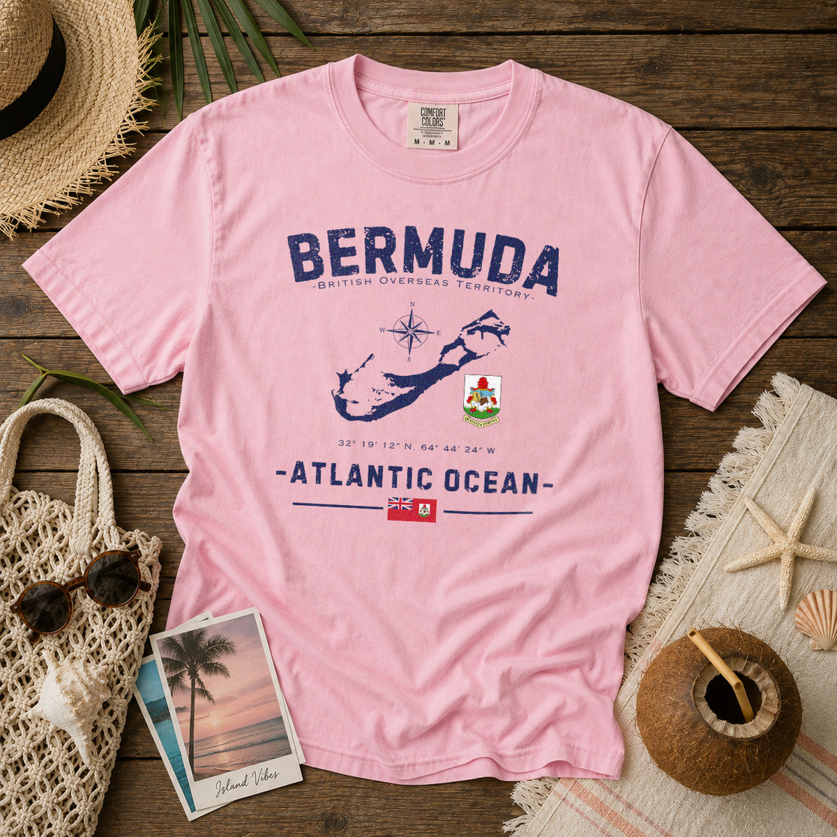 Bermuda Island Map Coat of Arms T-Shirt in Blossom - roamstride graphic tee