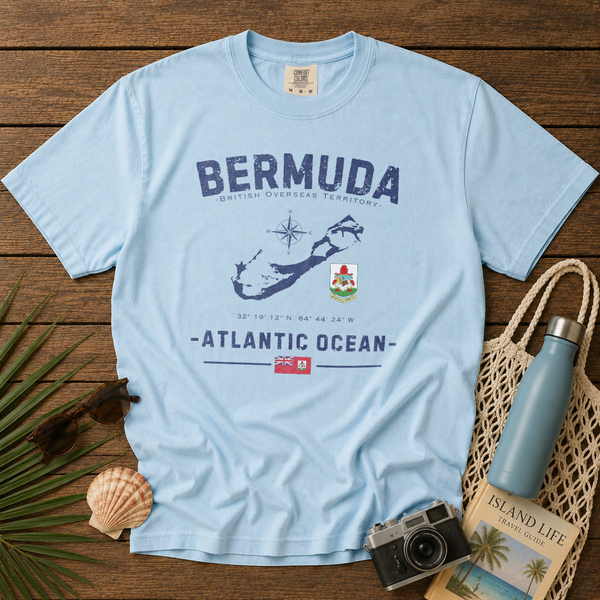 Bermuda Island Map Coat of Arms T-Shirt in Chambray - roamstride graphic tee
