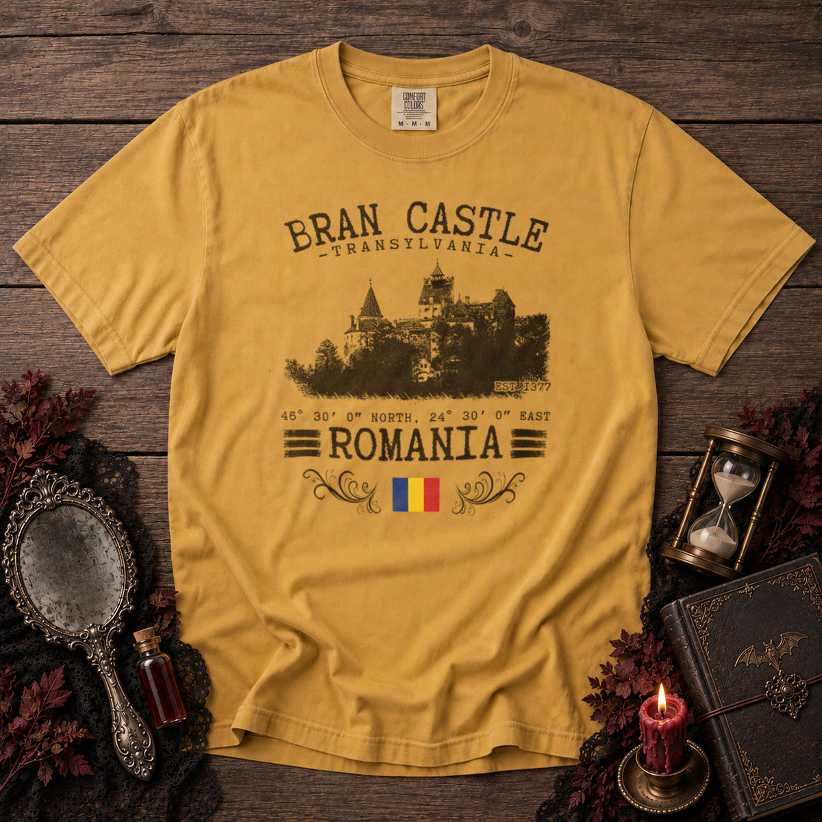 Bran Castle Dracula Transylvania T-Shirt in Mustard - roamstride graphic tee
