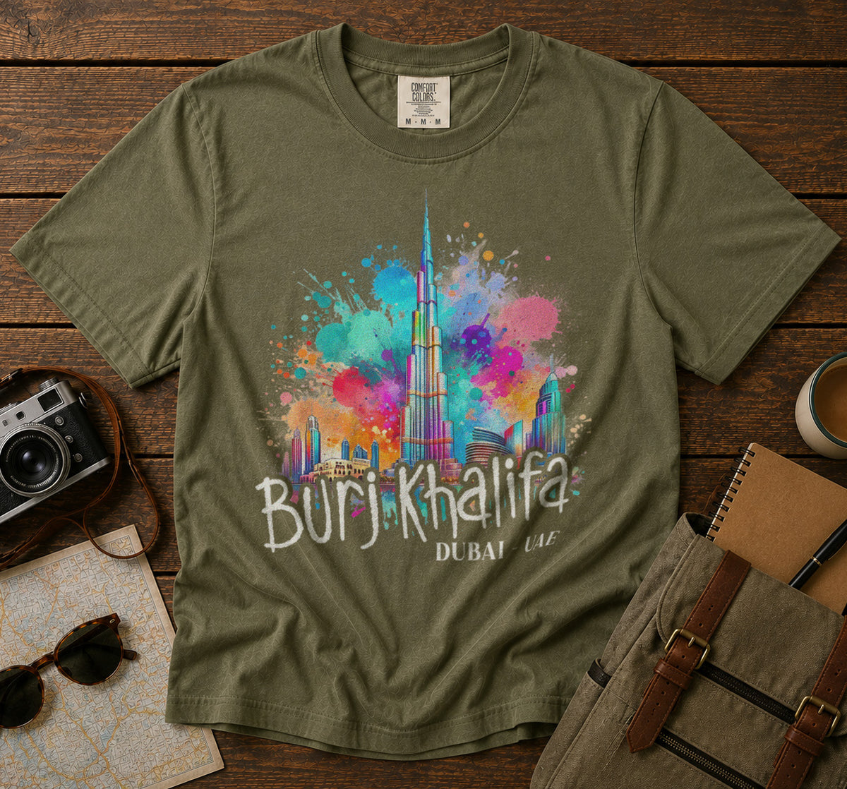 Burj Khalifa Skyscraper Dubai T-Shirt in Moss - roamstride graphic tee