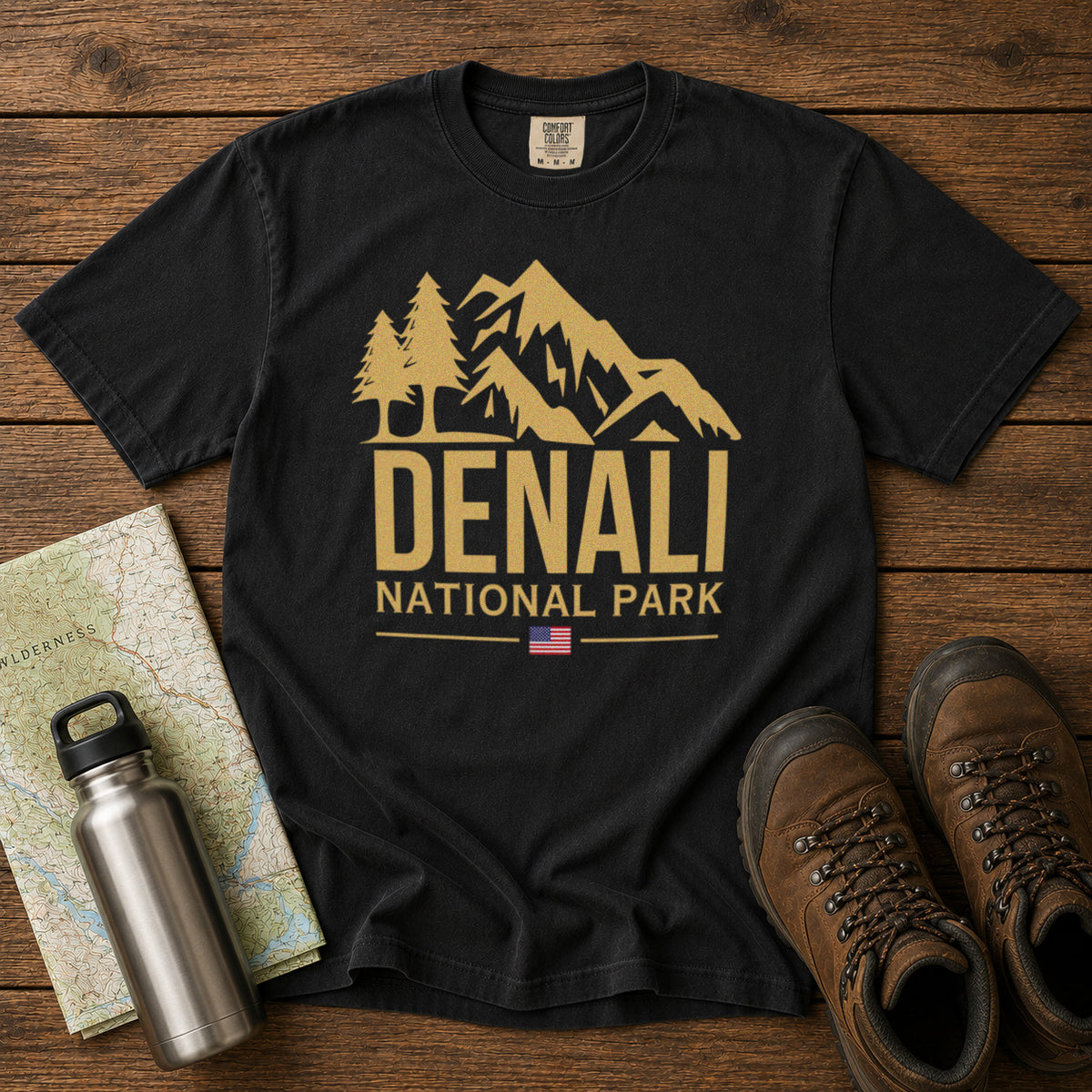 Denali National Park Alaska Mountain Range American Flag T-Shirt in Black - roamstride graphic tee