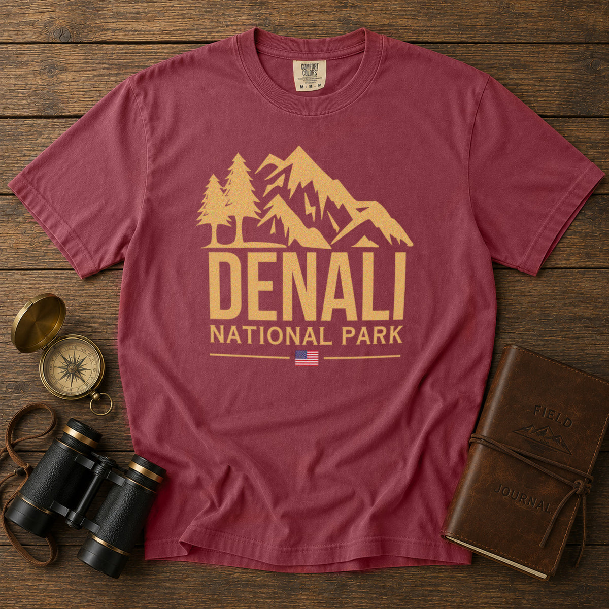 Denali National Park Alaska Mountain Range American Flag T-Shirt in Chili - roamstride graphic tee