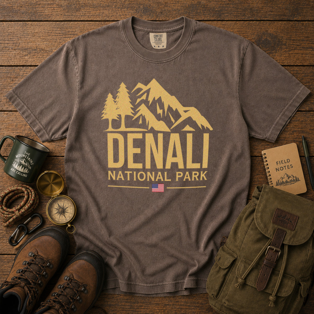 Denali National Park Alaska Mountain Range American Flag T-Shirt in Espresso - roamstride graphic tee
