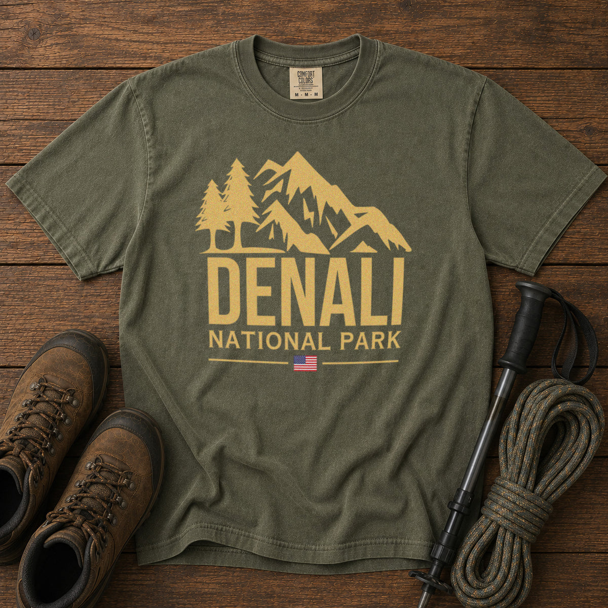 Denali National Park Alaska Mountain Range American Flag T-Shirt in Moss - roamstride graphic tee