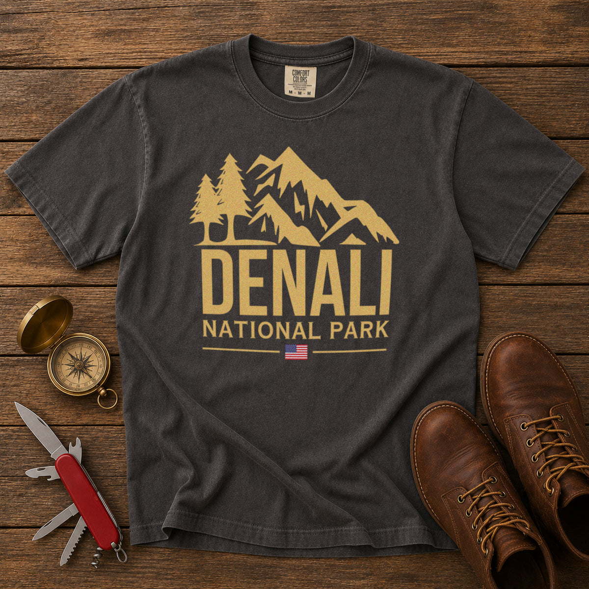 Denali National Park Alaska Mountain Range American Flag T-Shirt in Pepper - roamstride graphic tee