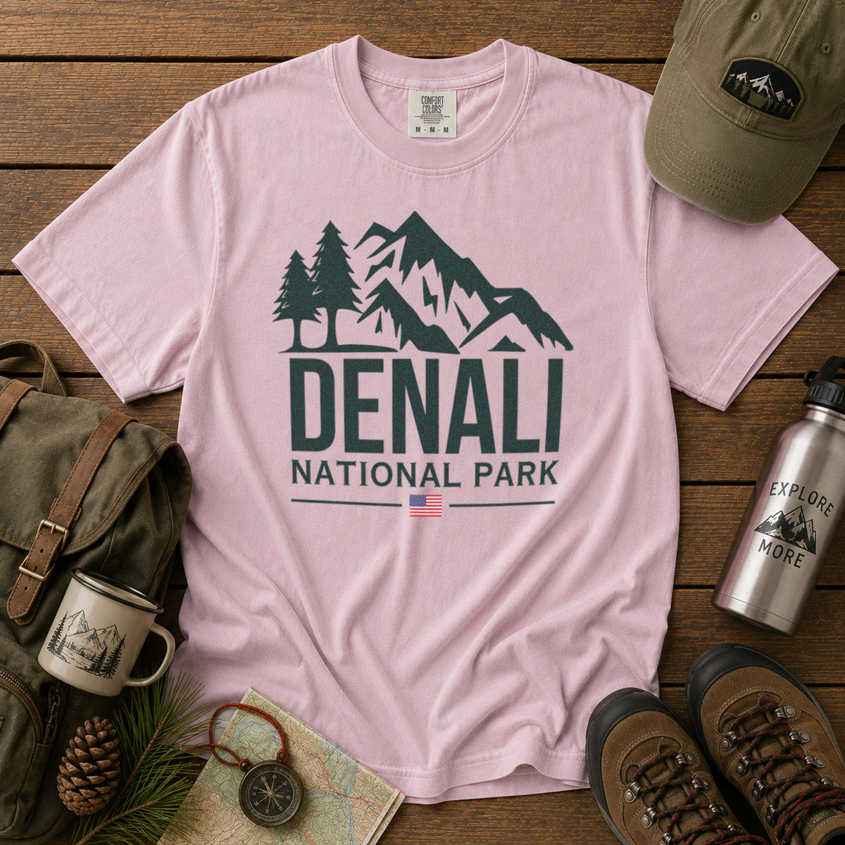 Denali National Park Alaska Mountain Range American Flag T-Shirt in Blossom - roamstride graphic tee