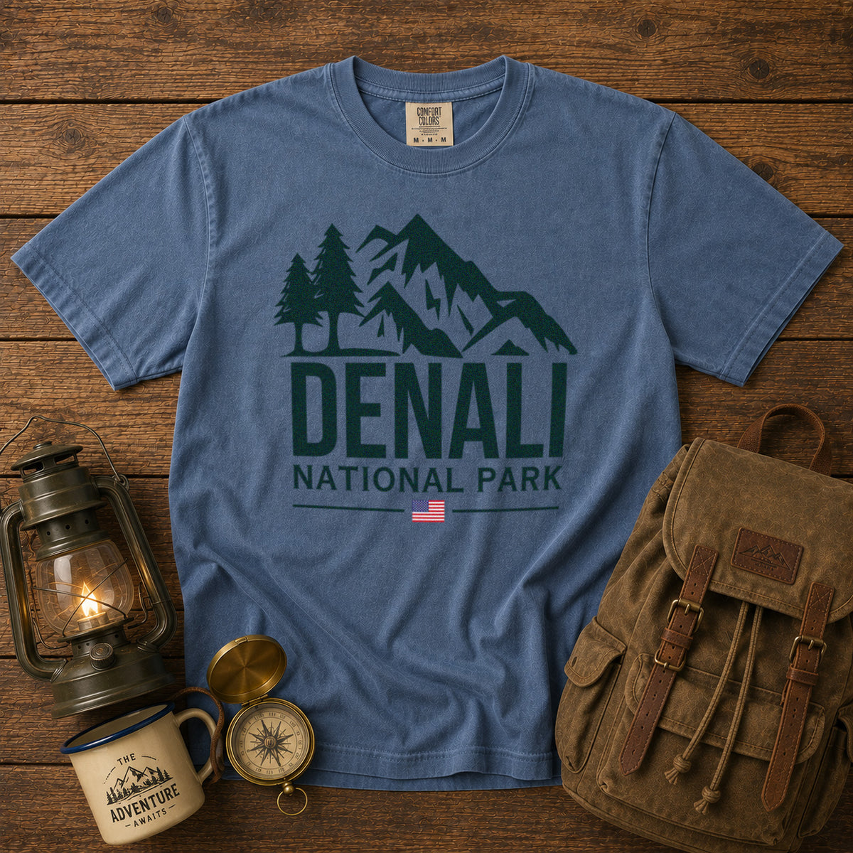 Denali National Park Alaska Mountain Range American Flag T-Shirt in Blue Jean - roamstride graphic tee