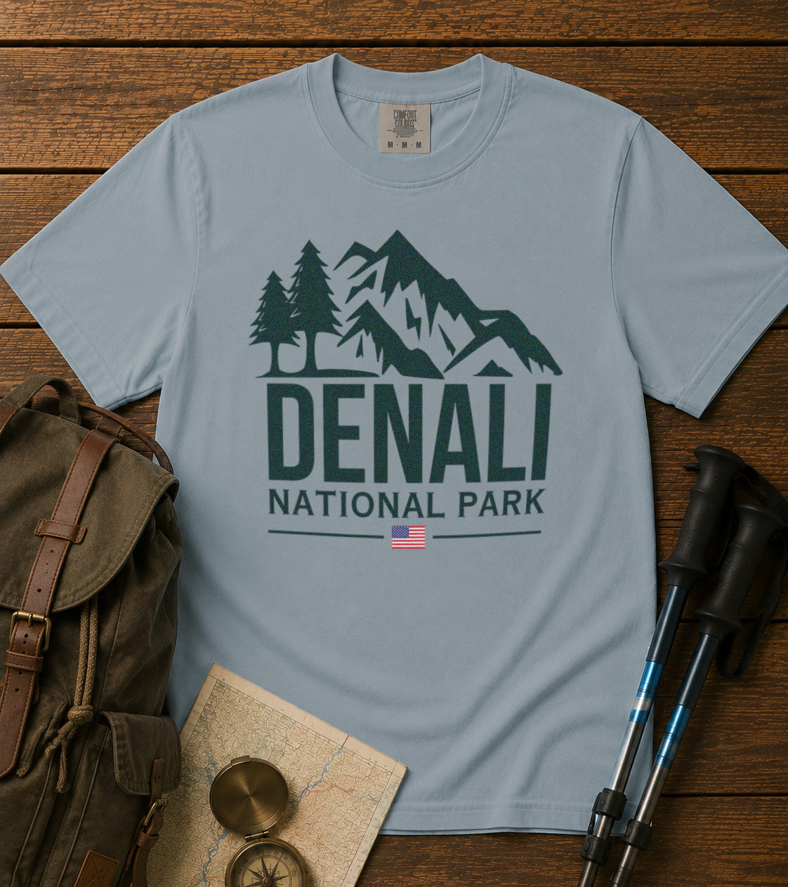 Denali National Park Alaska Mountain Range American Flag T-Shirt in Chambray - roamstride graphic tee