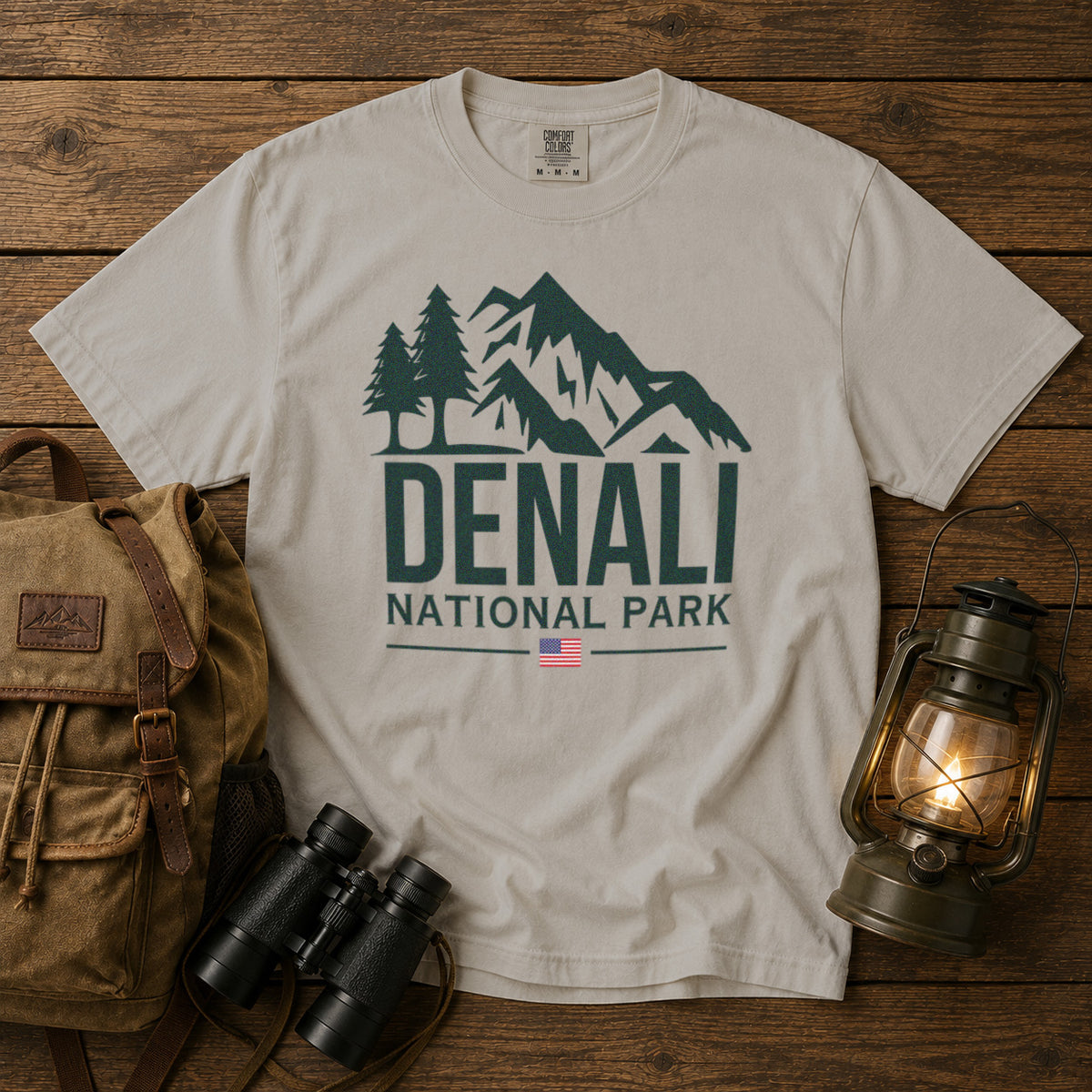 Denali National Park Alaska Mountain Range American Flag T-Shirt in Ivory - roamstride graphic tee
