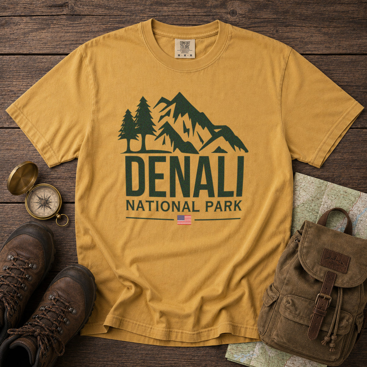 Denali National Park Alaska Mountain Range American Flag T-Shirt in Mustard - roamstride graphic tee