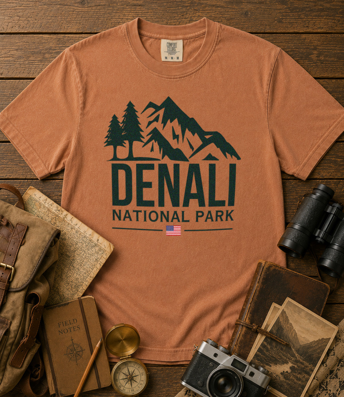 Denali National Park Alaska Mountain Range American Flag T-Shirt in Yam - roamstride graphic tee