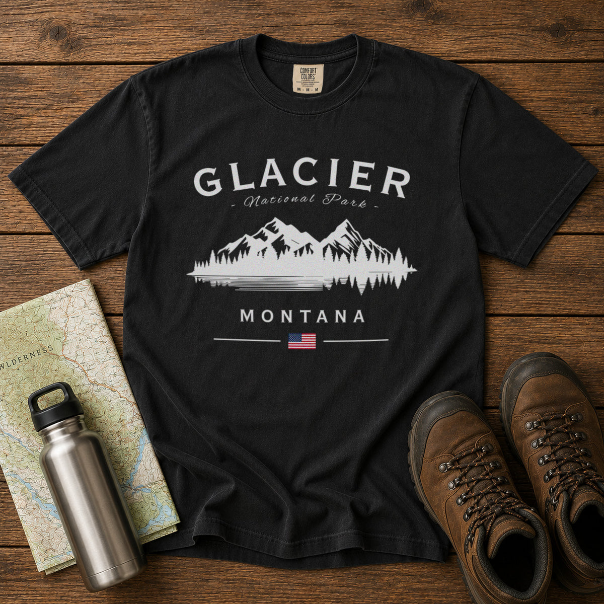 Glacier National Park Mountain Lake Montana T-Shirt in Black - roamstride graphic tee