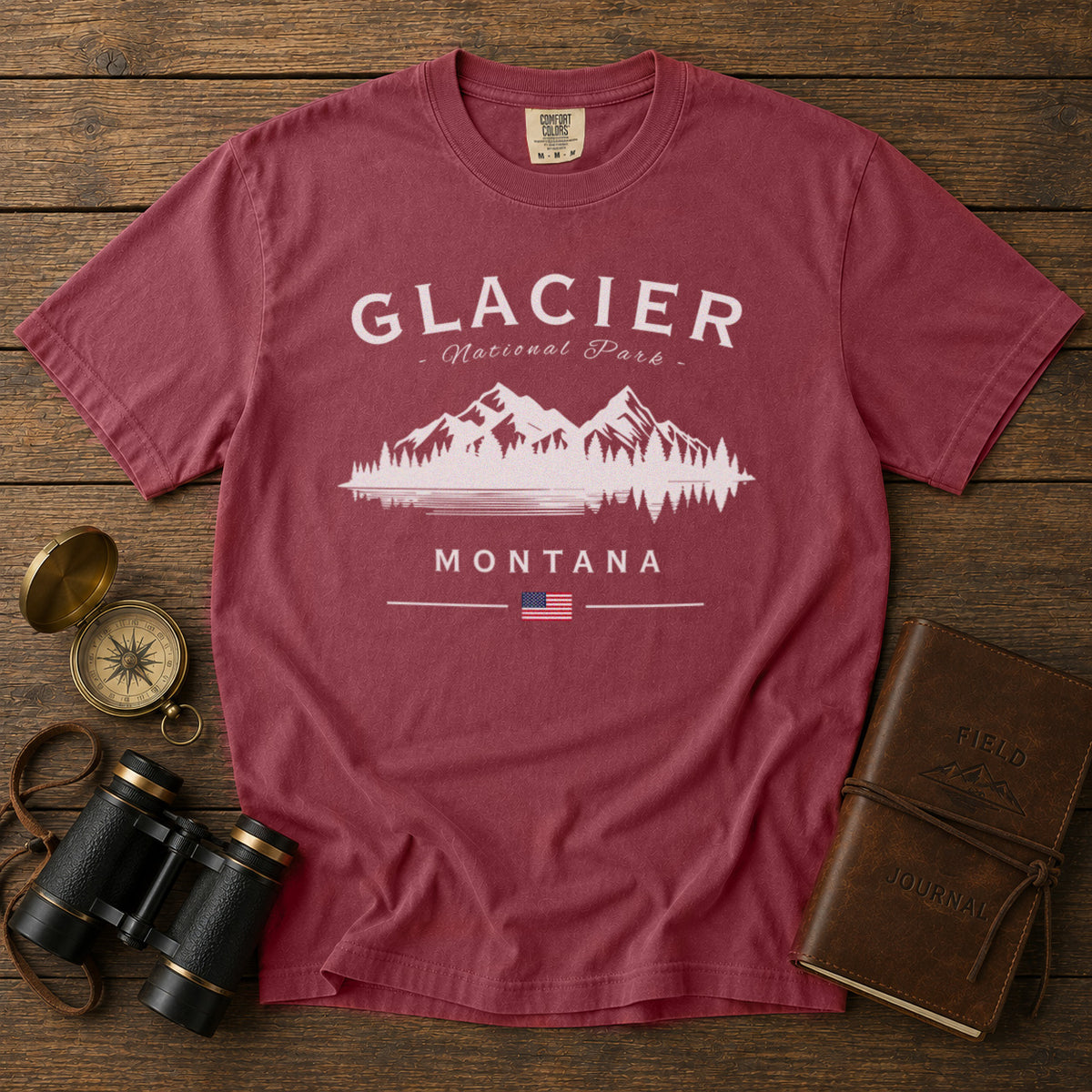 Glacier National Park Mountain Lake Montana T-Shirt in Chili - roamstride graphic tee