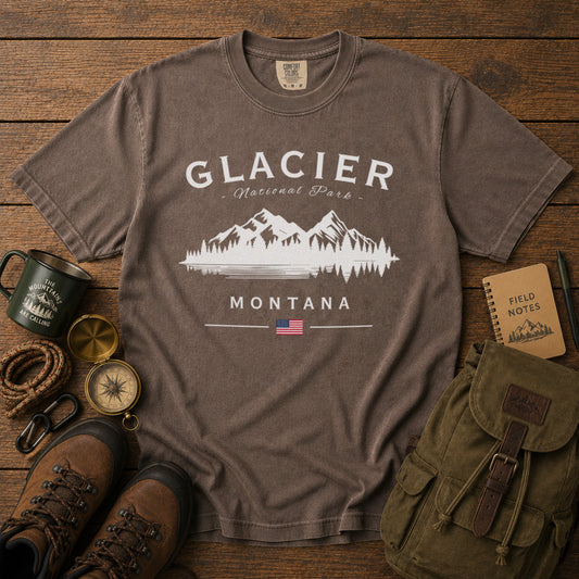 Glacier National Park Mountain Lake Montana T-Shirt in Espresso - roamstride graphic tee