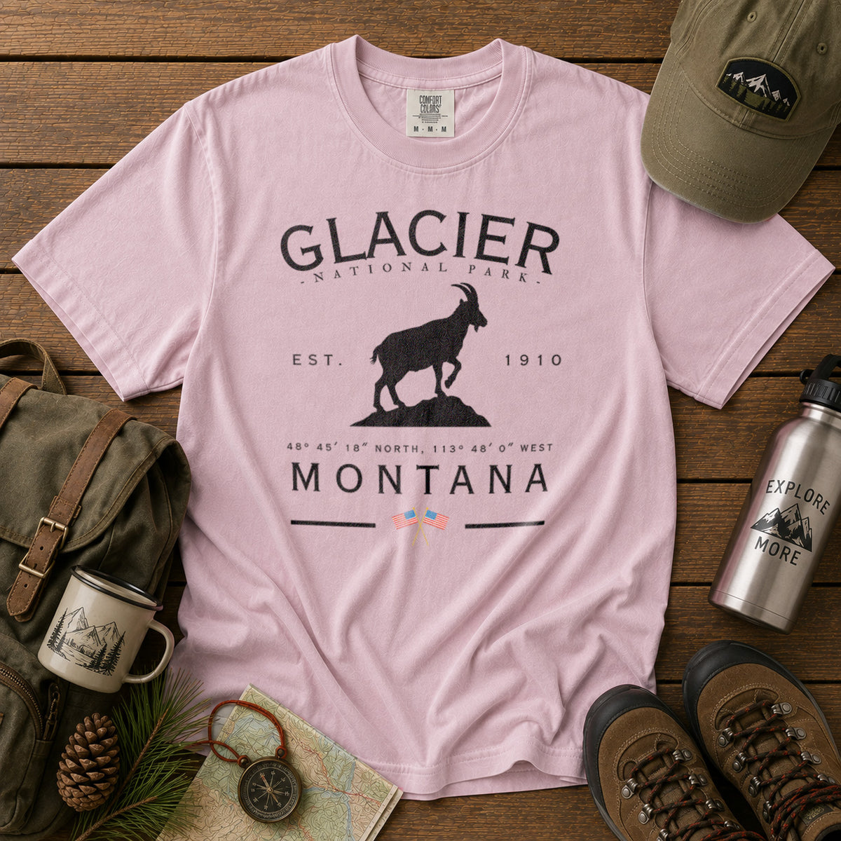 Glacier National Park Montana T-Shirt in Blossom - roamstride graphic tee