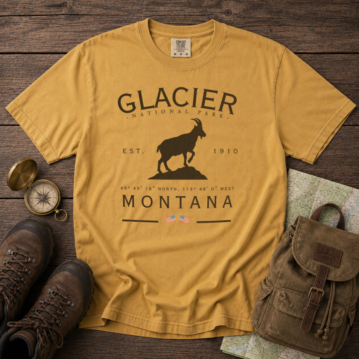 Glacier National Park Montana T-Shirt in Mustard - roamstride graphic tee