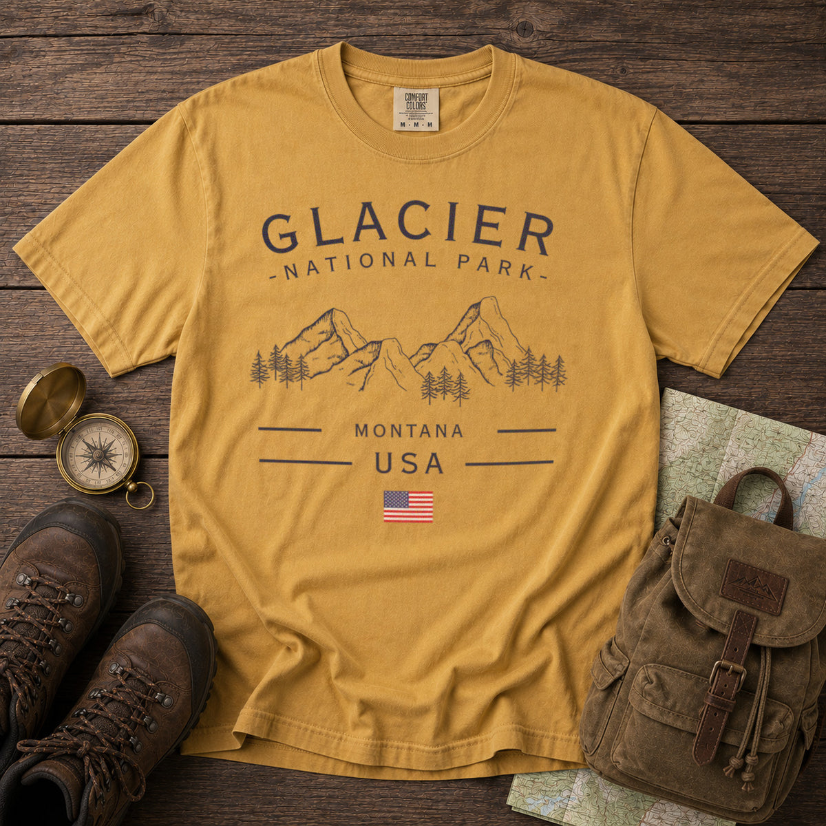 Glacier National Park Montana T-Shirt in Mustard - roamstride graphic tee