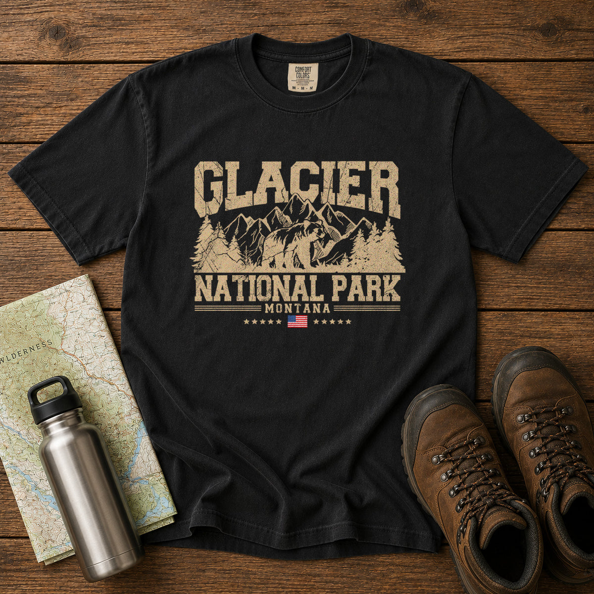 Glacier National Park Montana Mountains T-Shirt in Black - roamstride graphic tee