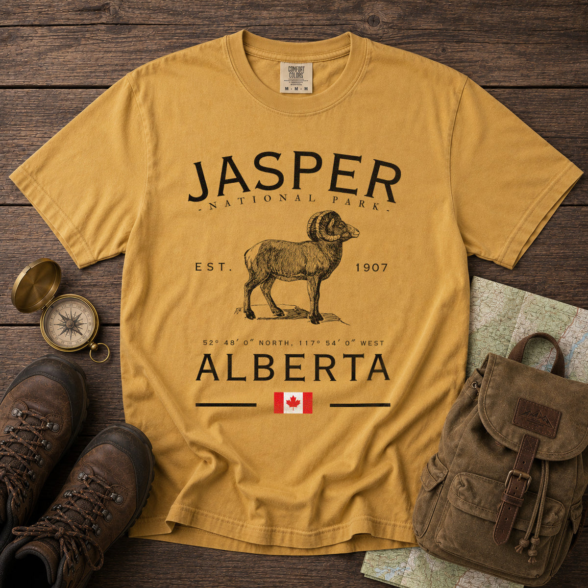 Jasper National Park T-Shirt in Mustard - roamstride graphic tee