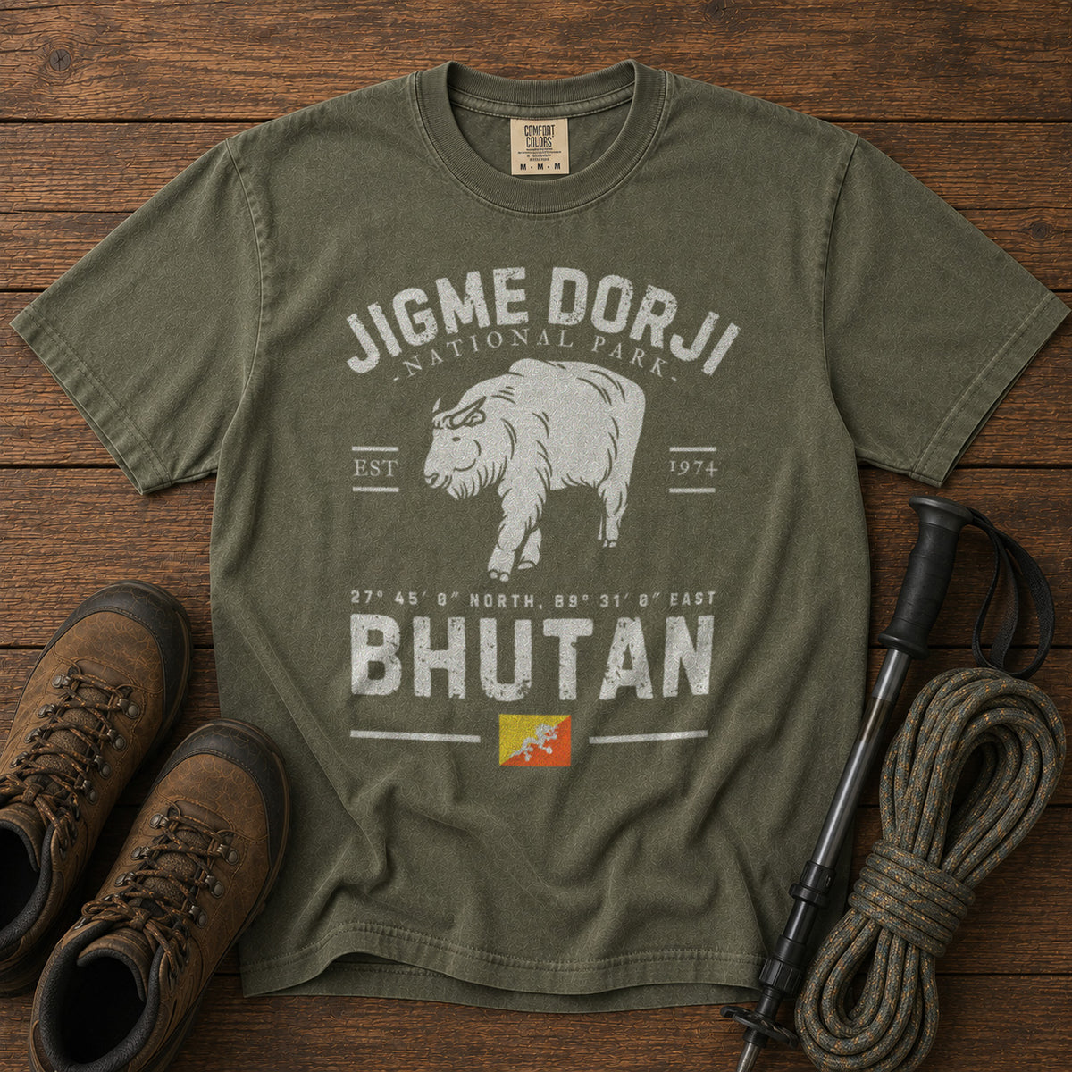 Jigme Dorji Bhutan National Park T-Shirt in Moss - roamstride graphic tee