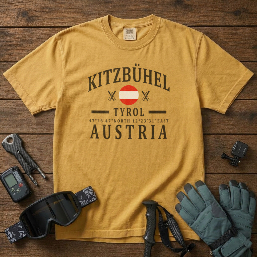Kitzbühel Ski Resort Austria T-Shirt in Mustard - roamstride graphic tee