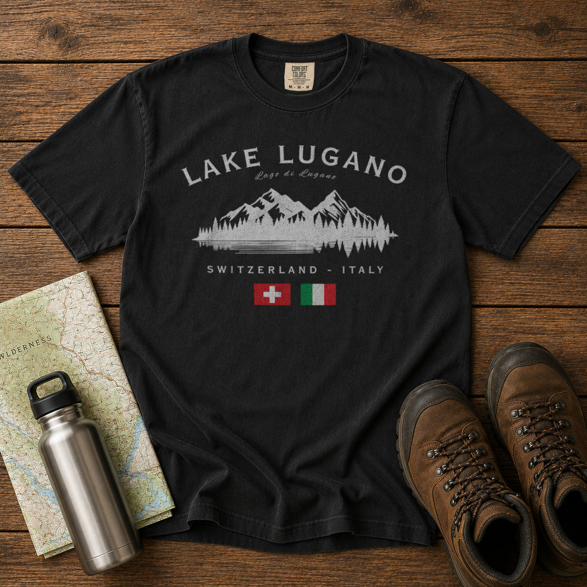 Lake Lugano Switzerland Italy T-Shirt in Black - roamstride graphic tee