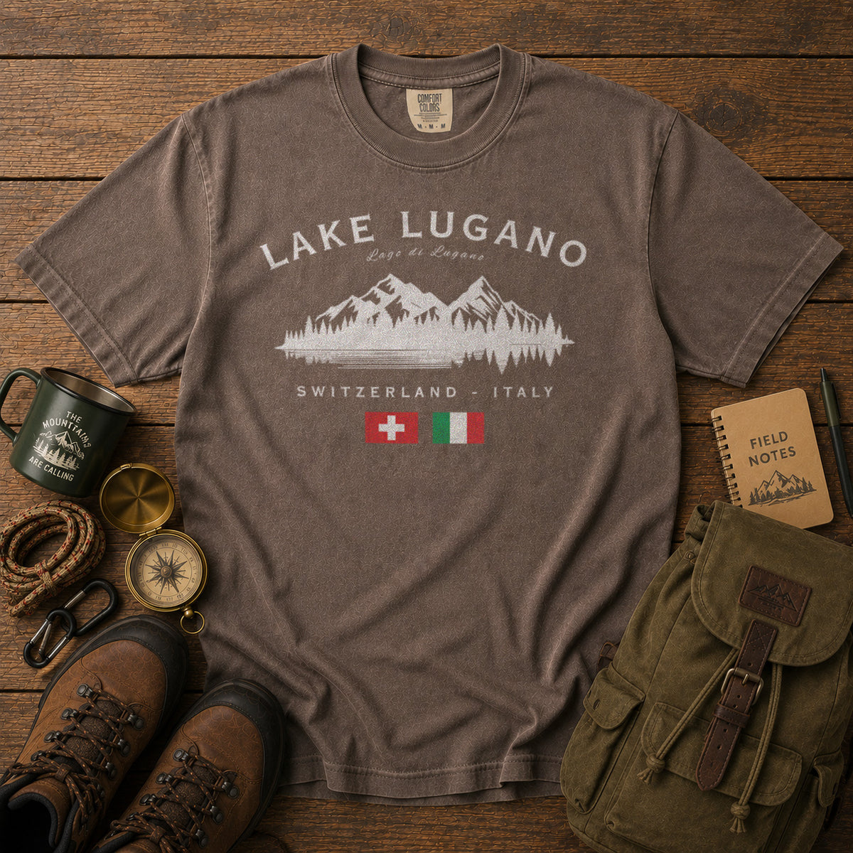Lake Lugano Switzerland Italy T-Shirt in Espresso - roamstride graphic tee