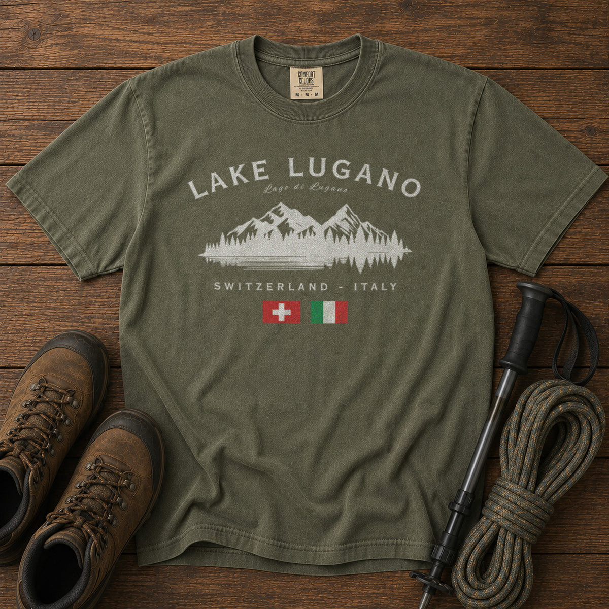 Lake Lugano Switzerland Italy T-Shirt in Moss - roamstride graphic tee