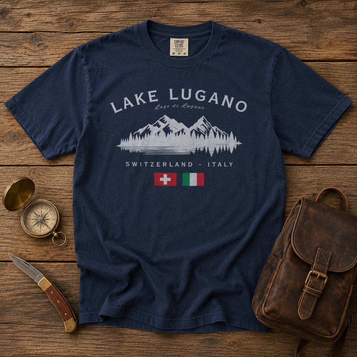 Lake Lugano Switzerland Italy T-Shirt in Navy - roamstride graphic tee